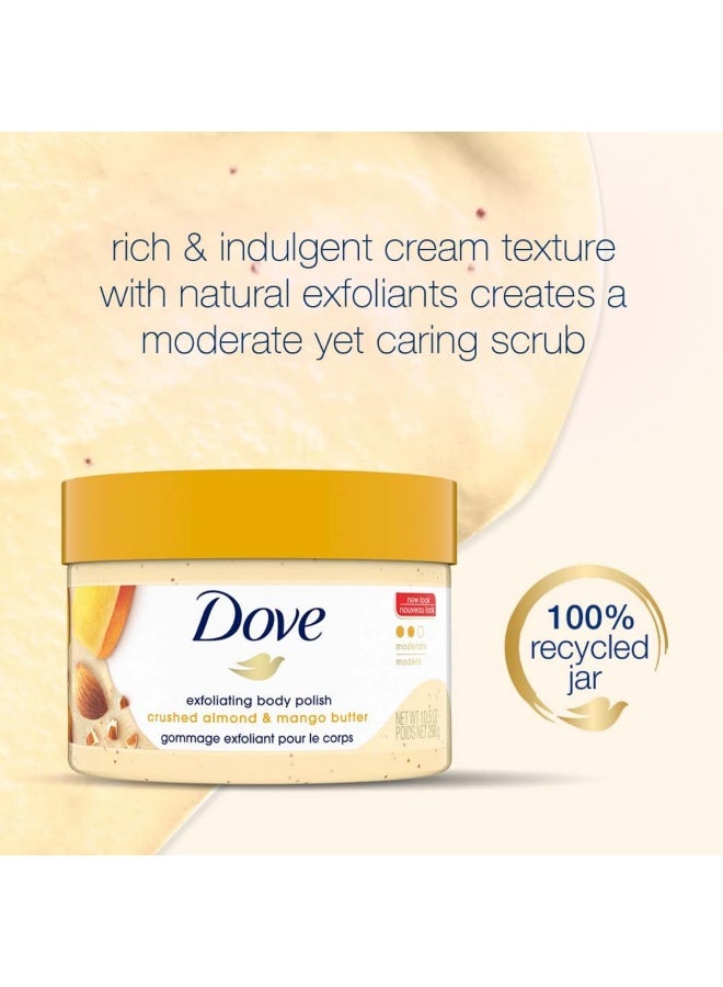 Dove Exfoliating Body Polish Scrub for Dry Skin with Crushed Almond and Mango Butter, Gently Exfoliates and Moisturizes to Reveal Instantly Soft, Smooth & Healthy Skin, Naturally Derived Ingredients, Sulfate-Free, Fruity Scent, 298g pack of 2 - Image 2